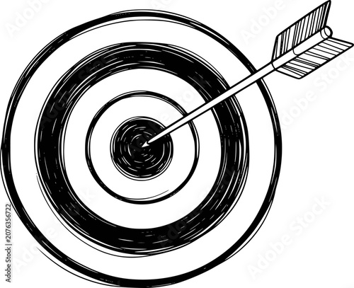 Black and white hand-drawn arrow hitting a target center transparent background bullseye