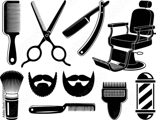 Collection of black barber shop tools and furniture white background, equipment