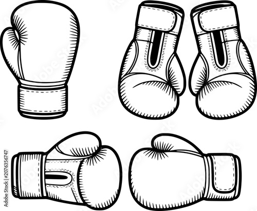 Collection of black and white boxing gloves in various poses white background sport