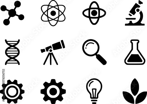 Collection of science and technology dna, microscope, telescope, lightbulb, flask, gears