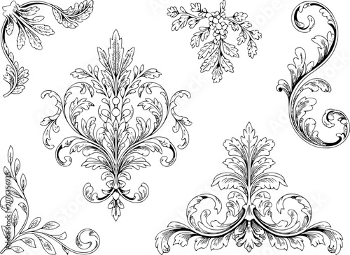 Ornate black and white baroque floral scrollwork and acanthus leaf decorative vintage