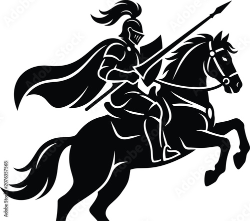 Photography Medieval knight in armor riding a rearing horse black silhouette vector illustra