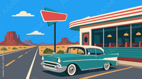 Clean flat vector illustration on a light background of a turquoise vintage car parked beside a roadside diner in the desert, great for road trip and travel promotions.