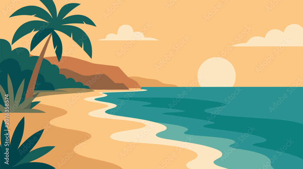 Obraz premium Clean flat vector illustration on a light background of a tropical beach sunset with palms, waves, and cliffs, perfect for travel promotions and resort branding.