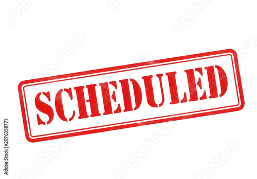 Scheduled stamp on white paper with red border isolated on transparent background