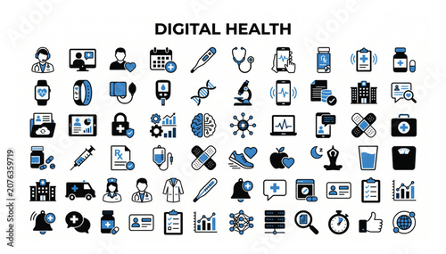 Bild auf Leinwand Comprehensive icon set for digital health and medical telemedicine services with