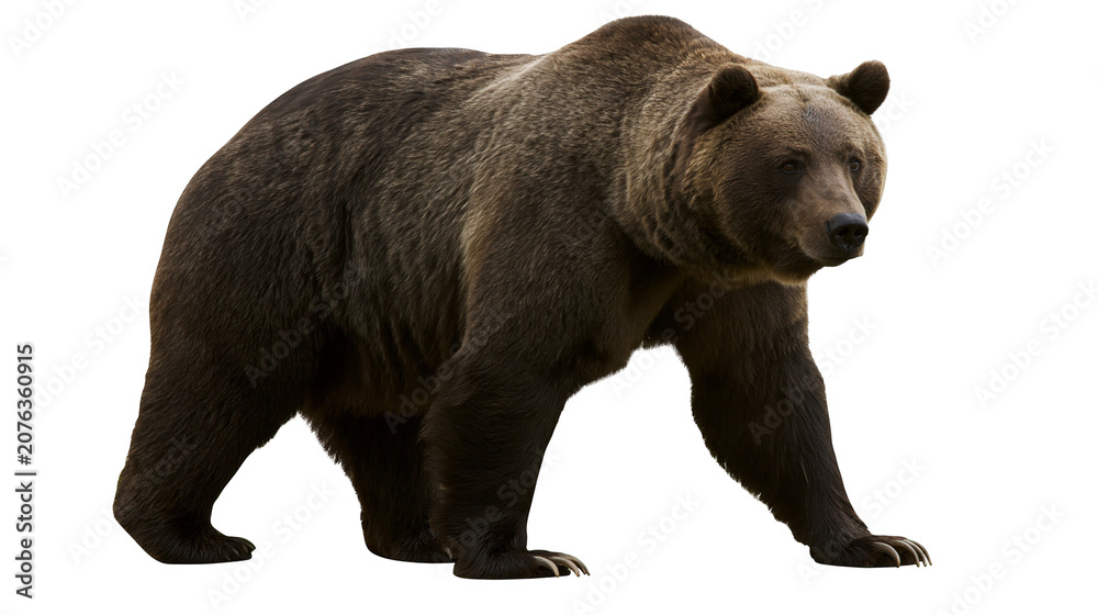 Fototapeta premium Brown grizzly bear walking on white