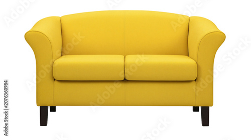 Valokuva Yellow two-seater sofa with curved arms and dark legs