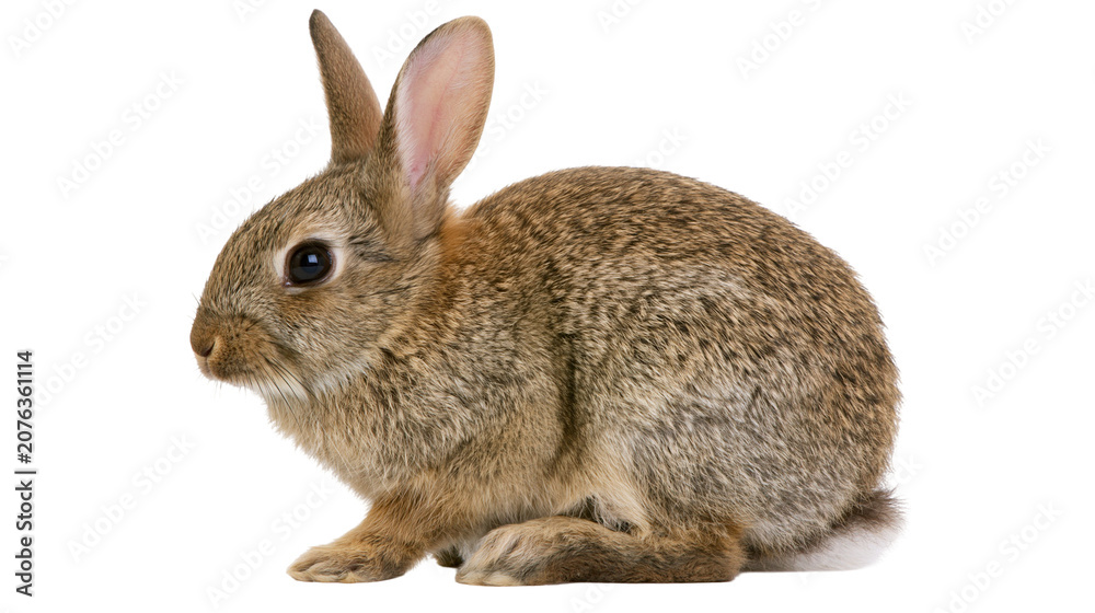 Obraz premium Brown rabbit with long ears sitting on white