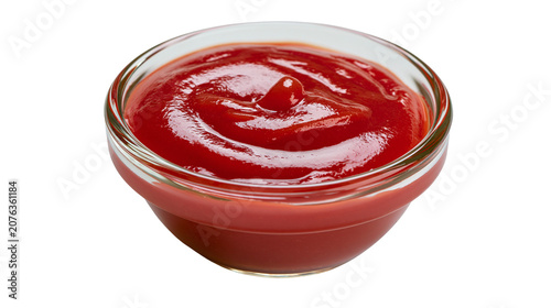 Foto Glass bowl filled with red tomato ketchup sauce
