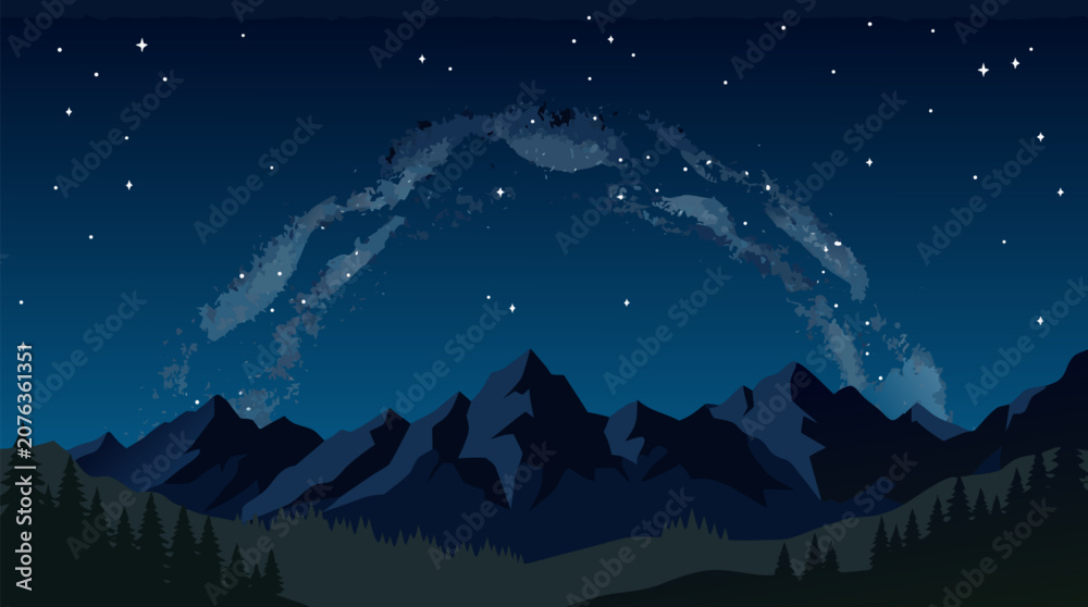 Fototapeta premium A clean flat vector illustration shows a starry night sky and milky way over mountain silhouettes and pine forest, ideal for astronomy posters or outdoor travel campaigns.