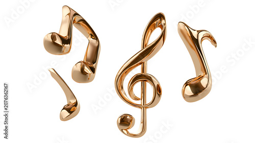 Elegant golden music notes isolated on white background, musical symbol for melody and harmony in graphic design projects