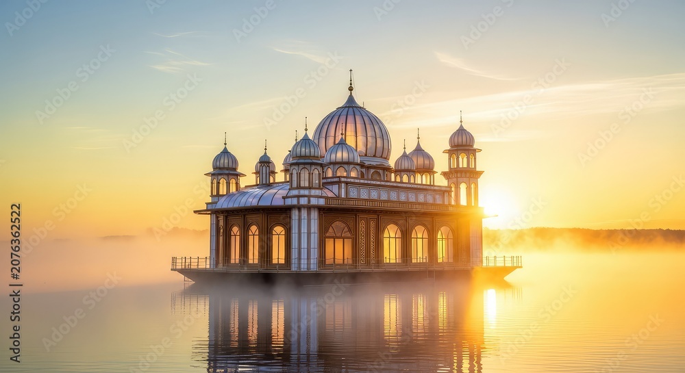 Obraz premium Majestic floating house of worship glows under a golden dawn sky with calm water reflections and soft morning mist creating a serene scene, water, prayer house, golden