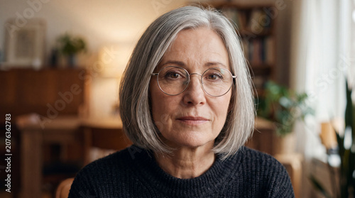Portrait of a mature senior woman with short grey hair and glasses looking calmly at the camera in a cozy living room setting with warm lighting