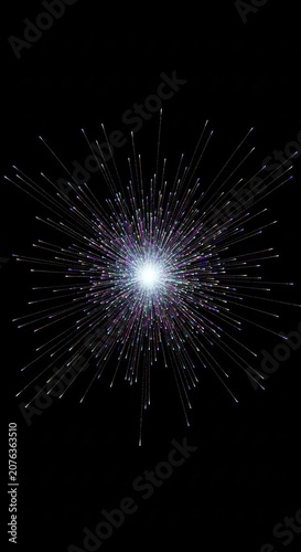 Vibrant explosion of multicolored light trails and glowing particles radiating from a central core against a dark background, dynamic energy, flash, neon, luminosity