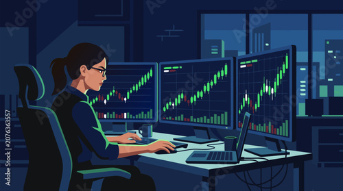 Investor watching candlestick stock charts rise on multiple screens with intense focus in a dark navy and green flat vector illustration suited for finance, trading, and business technology content on