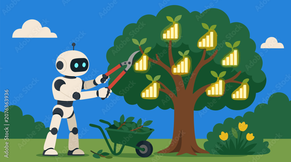 Naklejka premium Robot gardener pruning a tree whose fruits are glowing ascending bar charts, a clean flat vector illustration perfect for artificial intelligence, business automation, and data analytics campaign visu