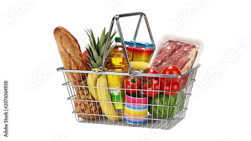 Photography Metal shopping basket filled with fresh groceries and raw meat