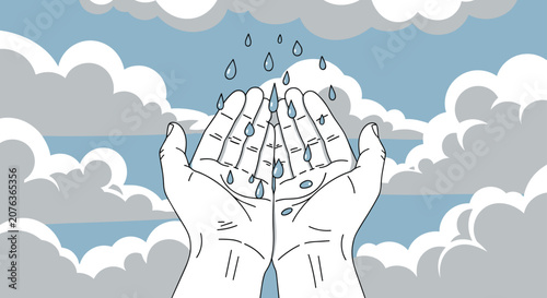 Hands catching falling rain drops in an outlined illustration style against a soft blue sky with white clouds.