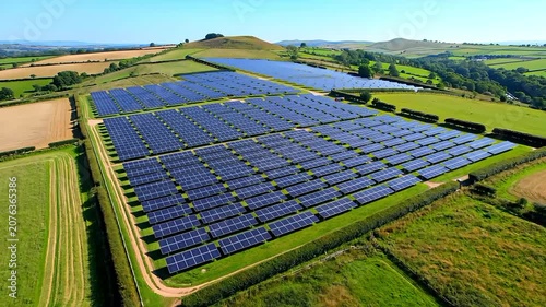 A large solar panel farm situated in a green countryside landscape under a clear blue sky