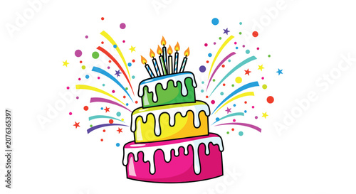 Vibrant three tier birthday cake with green yellow and pink layers dripping with white frosting topped with seven lit candles and confetti.