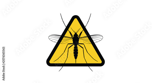 Silhouette of a mosquito inside a yellow warning triangle symbol on a plain white background for disease awareness and prevention.