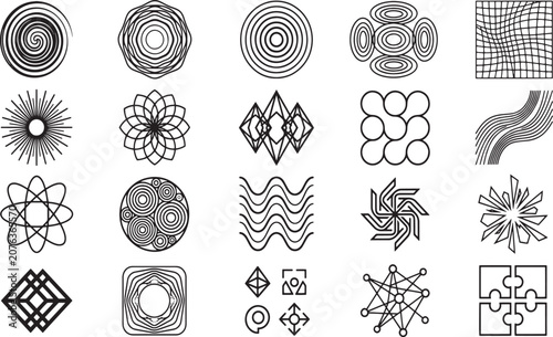 Sacred Geometry Element and Hypnotic Spiral Pack, Modern Linear Tech Logo Shapes Vector Set, Abstract Concentric Circles, Distorted Grid, Wave Lines, and Mandala Line Art Ornaments