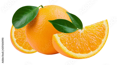 Photos Whole orange fruit with two slices and green leaves