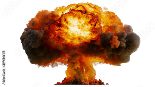Photography Massive nuclear explosion with mushroom cloud and fiery orange glow