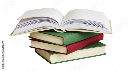 Canvas Print Stack of open and closed books with green and red covers