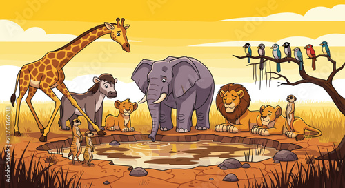 Various savannah animals including an elephant, giraffe, and lion gather at a muddy water hole during a dry sunset.