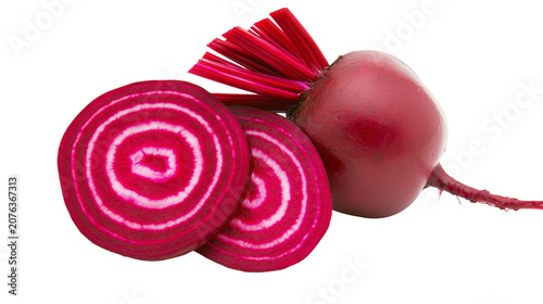 Whole and sliced beetroot with vibrant pink and white rings