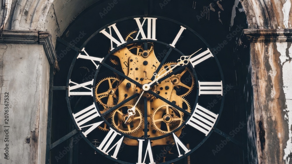 Obraz premium Large mechanical clock face revealing inner gears in tower