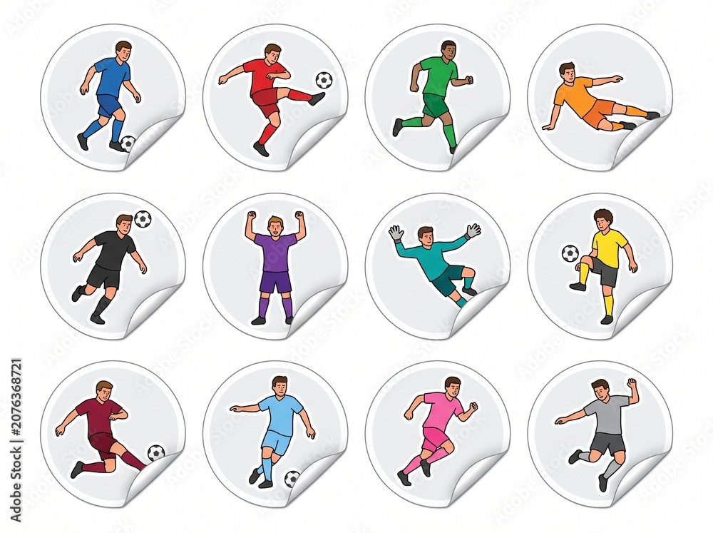 Fototapeta premium A set of twelve soccer player stickers in various colorful uniforms on white background