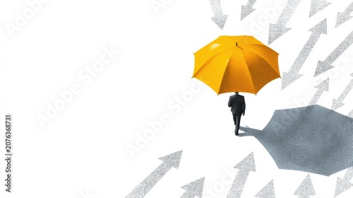 A person in a suit holds a yellow umbrella, protecting them from a multitude of grey arrows pointing towards them from the right. The shadow of the umbrella and person is cast on a white surface.