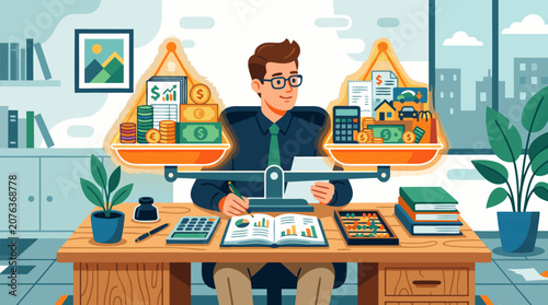 An accountant balancing a glowing scale weighing income against expenses at a wooden desk, ideal for finance, tax, and accounting themed business content in clean flat vector style on a light backgrou