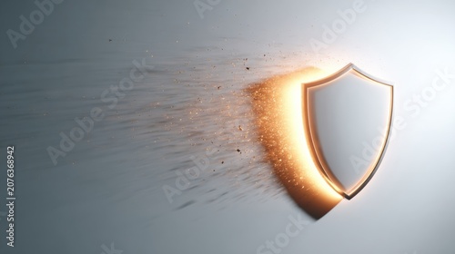 A glowing shield with particles dispersing, symbolizing protection and security