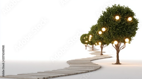 A charming winding pathway lined with trees adorned with glowing orbs, leading into the distance