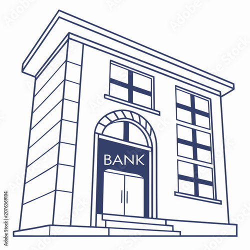 Foto Bank Building Exterior in Flat Line Art Style Financial Institution Vector Illus
