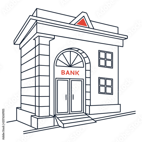Foto Bank Building Exterior in Flat Line Art Style Financial Institution Vector Illus
