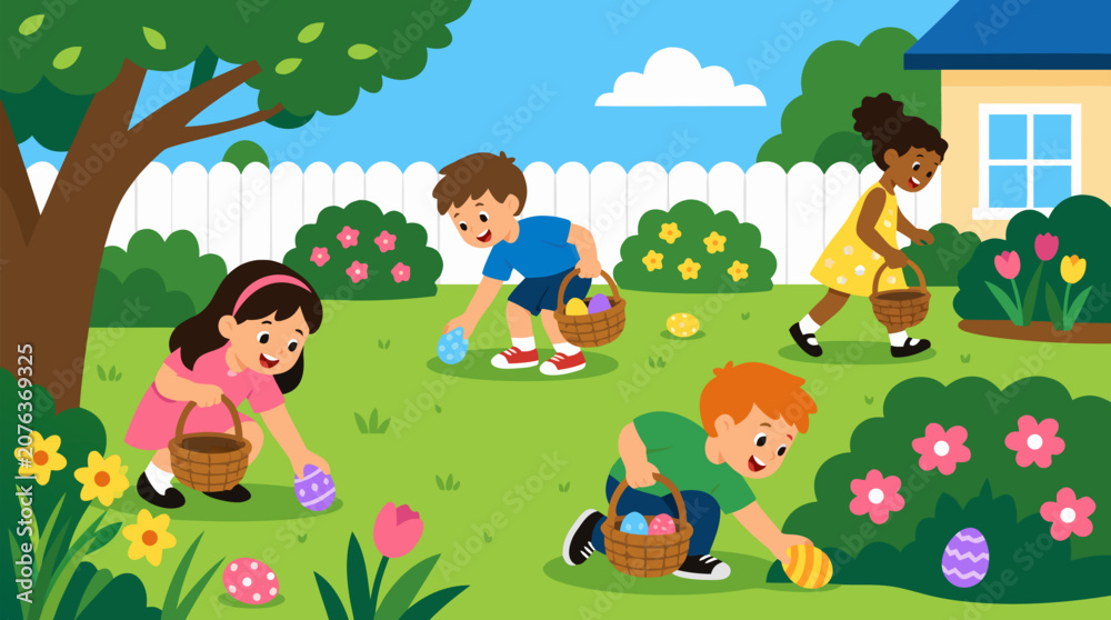 Naklejka premium Cheerful kids hunt for colorful Easter eggs hidden in a sunny backyard garden during a bright spring morning, a clean flat vector illustration perfect for seasonal greeting cards and holiday event pro
