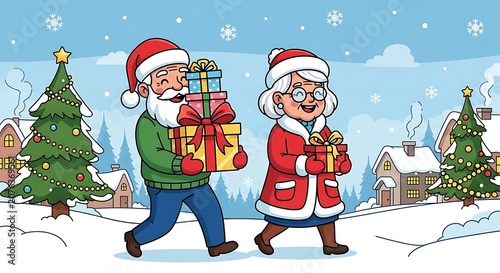 Cheerful Santa and Mrs Claus Carrying Gifts in Snowy Christmas Village