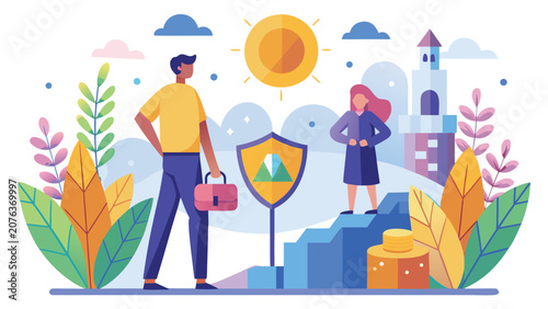 Business people climbing stairs with shield during sunny day in flat vector illustration style