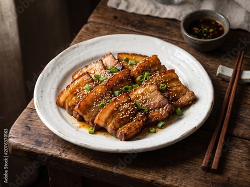 Perfectly cooked sliced pork belly on a plate