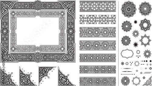 Islamic Geometric Frame and Seamless Border Pattern Mega Bundle, Luxury Arabesque Corner Elements for Certificate, Traditional Moroccan Mandala Star Rosettes and Oriental Line Art Ornaments Pack