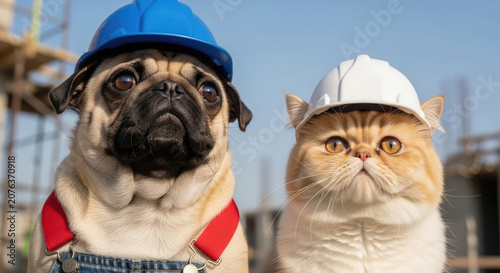 Construction worker pug and cat wearing hard hats on a building site