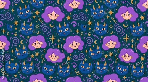 Seamless vector pattern with cute witch girls and horned magic cats with stars and crescents on dark green background