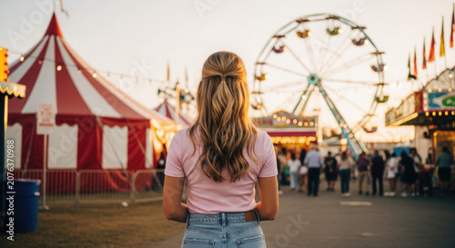 Woman looking at a carnival with ferris wheel and big top tent at sunset