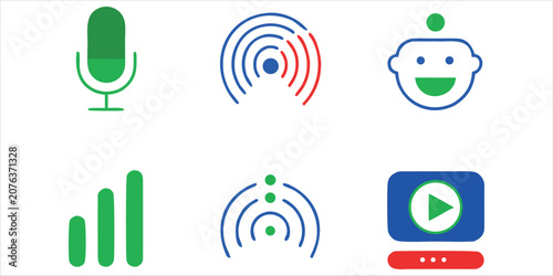 AI Voice Assistant Icons Set, Microphone, Podcast, Chatbot, Audio Signal and Video Player Line Vector Icons for Digital Communication