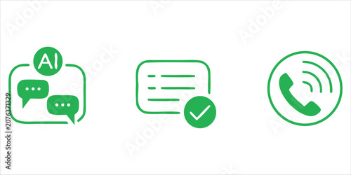 AI Customer Support Icons Set, Chat box, Verified Message and Phone Call Line Vector Icons for Customer Service and Communication.